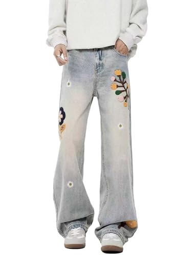 Baggy Jeans for Men Women Y2K Floral Pattern Low Rise Wide Leg Grunge Denim Pants Casual Fashion Harajuku Streetwear