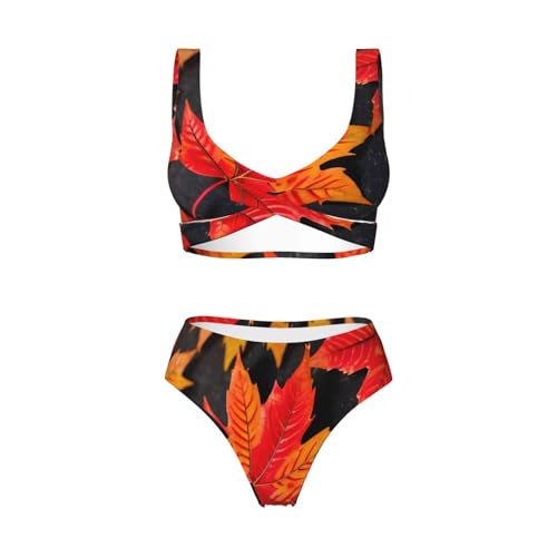 Maillot de bain gainant 2 pièces de haute qualité imprimé feuilles rouges