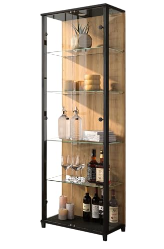 möbelando Vitrine >Optima< in Schwarz mit farblich abgesetzter Rückwand in Wildeiche-Dekor, inkl. LED-Spot-Beleuchtung, 2 Türen, 5 Fächer, vielseitig einsetzbar, 57,6x171,8x32cm (B/H/T)