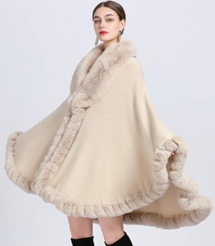 Women Poncho Cape Faux Fur Collar Knitted Cardigan Sweater Batwing Long Sleeve Shawl Wrap Coat Oversized Cloak2