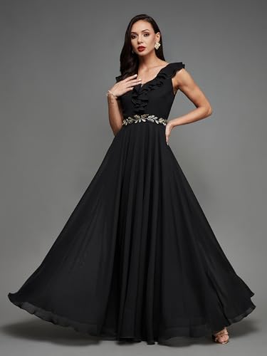 Image of Miss Chase Women's Round Neck Sleeve Embellished Fit Flare Maxi Dress