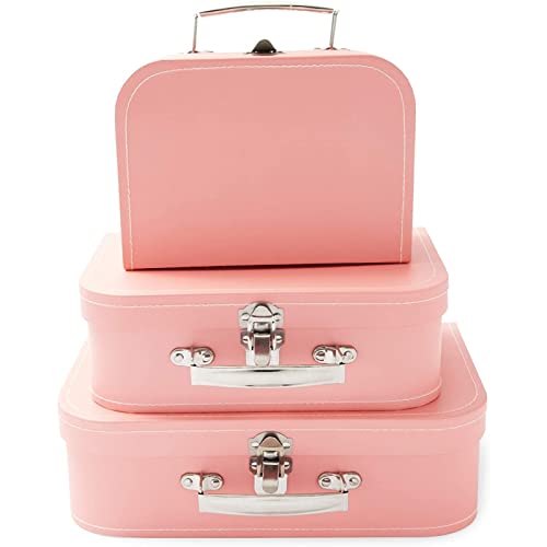 Okuna Outpost Set Of 3 Different Sizes Of Paperboard Suitcases With Metal Handles, Decorative Cardboard Storage Boxes (Pink) #TOP4