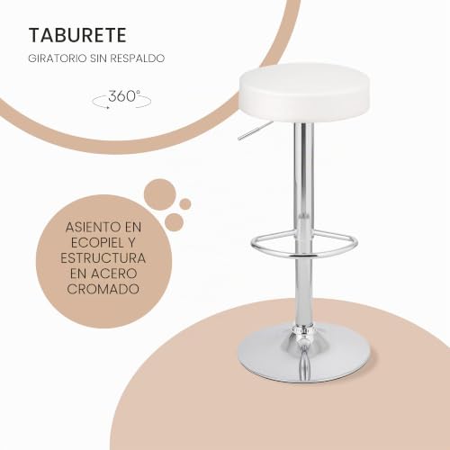 Miniatura 6 de Baroni Home 2 Taburetes De Bar Giratorio Con Altura Ajustable, Base Cromada Con Reposapiés Y Fondo Antiarañazos, Taburete De Cocina Y Península, Fácil De Montar, 35x45x59-79 Cm, Blanco 2 Piezas