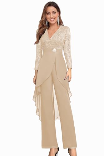 2 Piece Mother of The Bride Pant Suits for Women Lace Applique Chiffon Formal Outfits Long Sleeve Cocktail Party Dresses