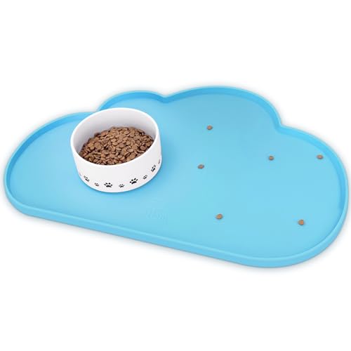 Ptlom Pet Placemat for Dogs and Cats, Non-Slip Waterproof Dog Feeding Mats Prevent Food and Water Overflow, Puppy Bowl Mat Suitable for Small, Medium and Large Pets, Silicone, Sky Blue