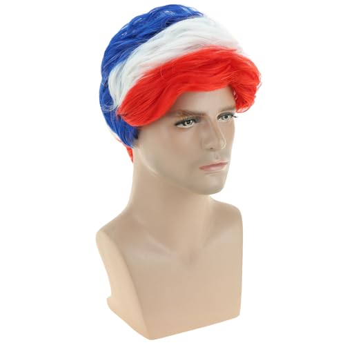 MAGQOO Men's 4th of July Wig Red Blue White Short Straight Layered Wig