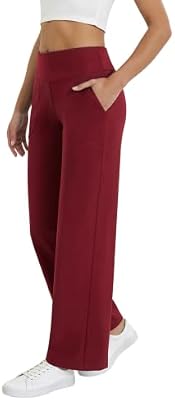 SEAJOJO Yoga Pants Women Wide Leg Stretchy Casual Slacks Pockets Burgundy