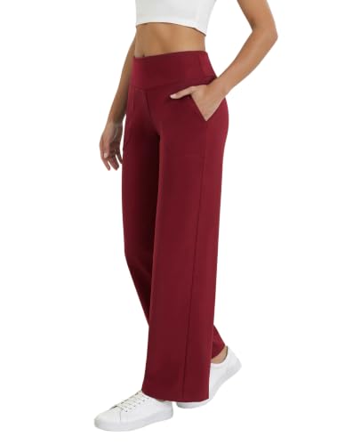 SEAJOJO Yoga Pants Women Wide Leg Stretchy Casual Slacks Pockets Burgundy
