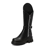 AORUIDAX Botas para Mujer PU Cuero Cremallera Lateral Hebilla Bota Militar de Punta Redondeada Equitación Botas,Negro,37 EU