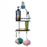 Utopia Alley Tia Rustproof Teak Overhead Shower Caddy with 2 Shelves - Decorative Shower Rack for Shampoo & Toiletries Storage, Hanging Shower Head Organizer- Matte Black Finish