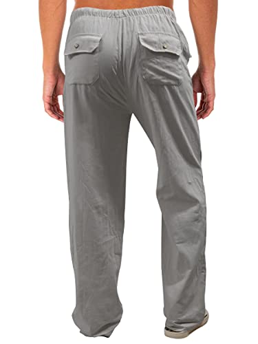 Calça masculina de linho casual, de algodão, leve, para ioga, pernas largas, Cinza claro, 3G