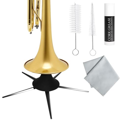 ZHIBEIYOU Trumpet Stand, Portable Metal Holder with 5 Leg, Black Flocking Style Pocket Trumpets Accessories, Foldable Detachable Stable Brass Instrument Stand, Cleaning and Care Set