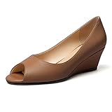YODEKS Low Heel Wedge Shoes Peep Toe Heeled Sandals Slip On Open Toe Pump Shoes for Workplace Party Casual Dress Office Matte Brown US Size 8.5