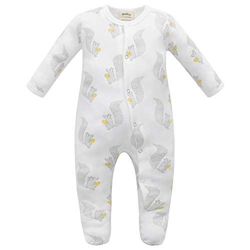 Owlivia Unisex-Baby Organic Button Cotton Sleep N Play Pajamas, Long Sleeve Footed Overall, Boys Girls Sleeper (Newborn, Squirrel)