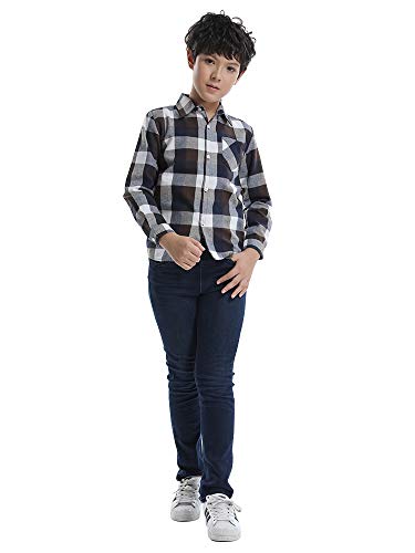 Ochenta Big Boys' Button Down Flannel Plaid Shirt, Kids Long Sleeve Christmas Tops E003 Coffee Tag 160-9-10 Years #TOP6
