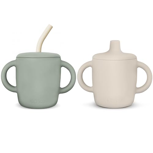 KIDSco. Silicone Sippy Cups with Easy Grip Transition Handles, a Soft Spout and Straw. A Non Toxic No Spill Unbreakable Training Cup. 5oz/150ml |Sandy Shore and Green|