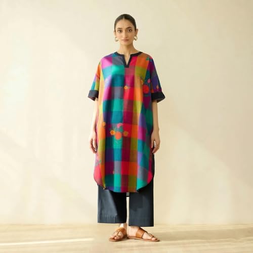 Image of GoSriKi Kurta Sets for Women Cotton Blend Printed | Kurta Palazzo Set | Straight Kurti Set for Women | Mandarin Collar Elbow Sleeve Ethnic Outfit | Designer Indian Kurti Top with Palazzo Pants