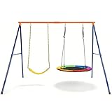 LALAHO Outdoor Schaukel für Kinder, Schaukelgestell mit Gestell, Doppelschaukel mit EIN-Brett-Schaukel und Nestschaukel, Schaukelgerüst bis 300 kg Belastbar