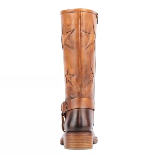 Image of Goolita Women's Buckle Biker Knee High Boots Square Toe Chunky Heel Star Moto Mid Calf Boots Slip On Motorcycle Riding Boot