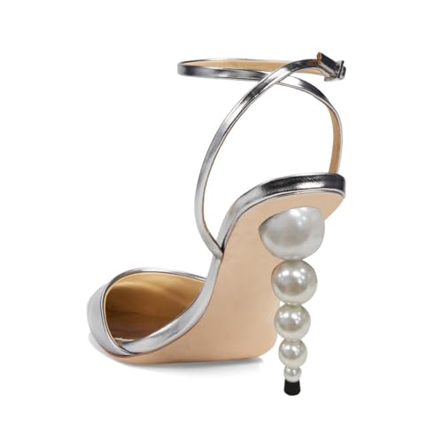 Women Pointed Closed Toe Ankle Strap Pumps Pearls High Heels Buckle Up Shoes for Ballroom Club Dress Size 4-16 US4