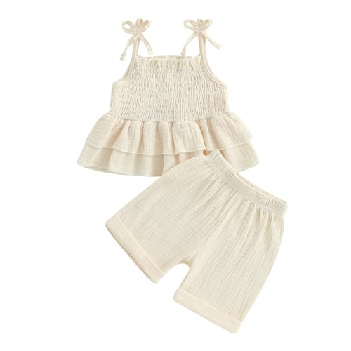 Image of Thorn Tree Toddler Girl Clothes Summer Ruffle Hem Sleeveless Stretchy Top Casual Shorts Cotton Line Outfits
