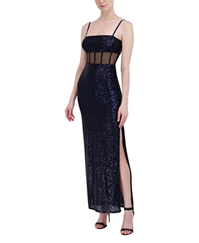 Bcbgmaxazria Women's Sleeveless Sheath Floor Length Evening Dress Adjustable Bodice Mesh Bustier Side Slit Column Skirt, Dark Navy, Xx-Small #TOP2