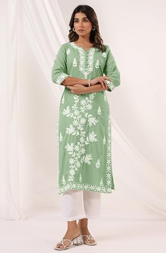 Image of Janasya Women's Pure Cotton Embroidered Straight Kurta