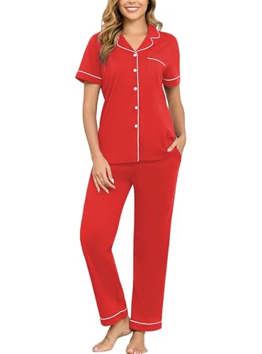 Image of Veseacky 100% Cotton Pajamas for Women Set Short Sleeve Button Down Sleepwear Soft 2 Piece Summer Pjs Lounge Sets S-XXL