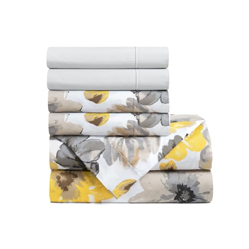 Image of Lush Decor Leah Soft Floral Sheet Set, 6 Piece Set, King, Yellow & Gray- King Size Sheet Set - Printed Bedding - Watercolor Florals - Farmhouse Decor