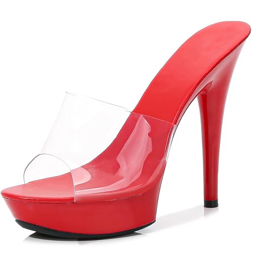 WVBVLO Women Clear Strap Fish Mouth Platform Sky High Heel Sexy Party Slides Fashion Transparent Open Toe 5.11in High Heeled Backless Prom Sandals For Evening Wedding (Red,10)
