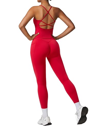 RXRXCOCO Strappy Back Workout Sets for Women 2 Piece Padded Tank Tops Hidden Scrunch Butt Lifting Leggings with Pockets