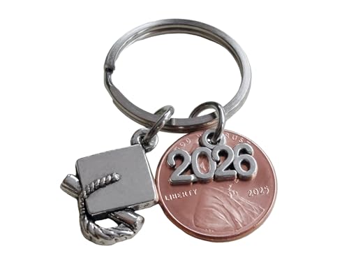JewelryEveryday 2026 Charm Layered Over 2025 Penny Keychain, with Cap and Diploma Charm, Graduate Gift