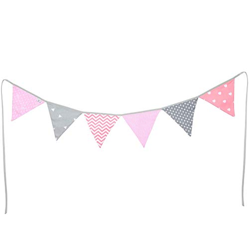PREMYO Wimpelkette Kinderzimmer Mädchen Stoff - 6 Wimpel Girlande Bunt Beidseitig - Babyzimmer Deko Rosa Grau