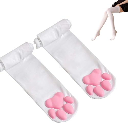 SIROLISA Cat Paw Socks Thigh High Soft 3D Paw Pad Toe Beans Stockings for Women Christmas Cat Cosplay(1 Pair White)