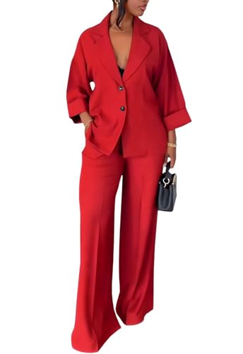 Casual Blazer Pants Suits for Women Dressy Oversized Long Sleeve Blazer and Wide Leg Pants 2 Piece Outfits Red L
