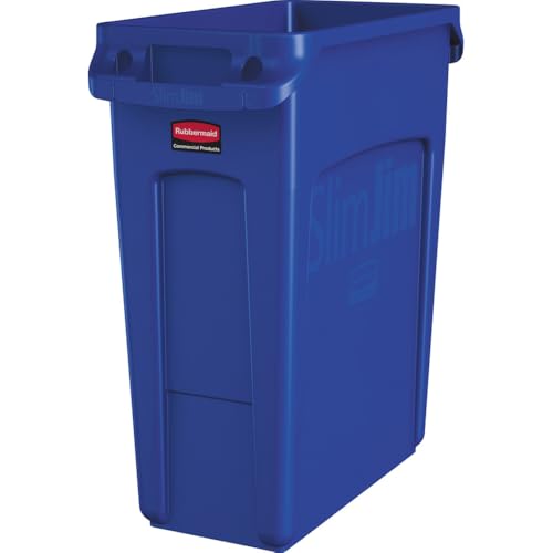 Image of Rubbermaid Commercial Products Slim Jim Trash /Garbage Can with Venting Channels, 16-Gallon, Blue, for Kitchen /Office /Workspace, Pack of 4