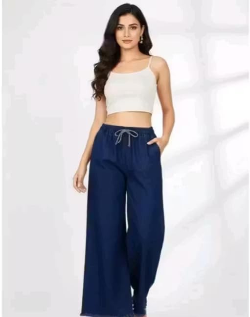 Image of Women's Denim Cotton Palazzo Pants, Mid Rise Relaxed Fit, Wide Leg Jeans Style, Casual Wear Trousers
