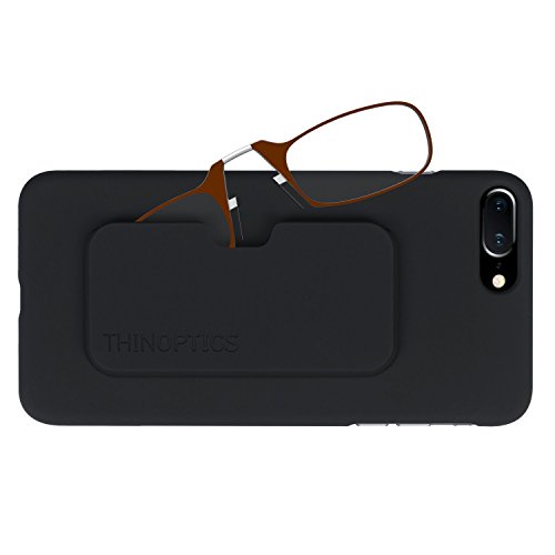 ThinOptics Slimline Case + Rectangular Reading Glasses, iPhone 7 Plus-Brown Frames, 1 x + 1