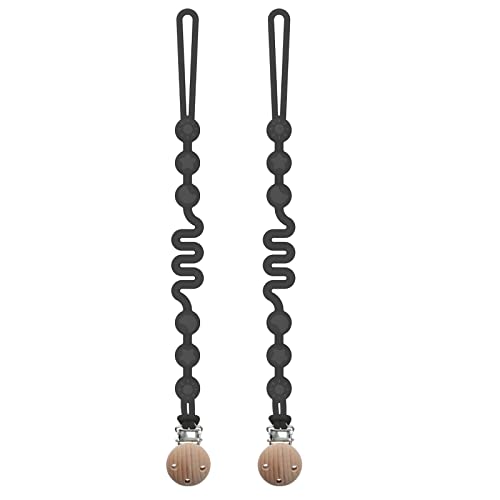 Image of Seposeve Silicone Pacifier Clip with Adjustable Spring, 2 Pack Pacifier Holder Clips for Baby Boys and Girls, Soft Flexible Pacifier Leashes with 3 Textures, One-Piece Design, 2 Ink Black