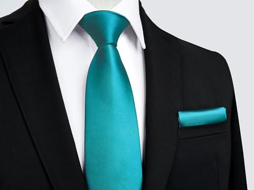 Image of HISDERN Mens Solid Color Ties Formal Satin Necktie and Pocket Square Set Classic Wedding Business Tie & Handkerchief