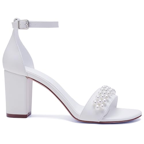 Open Toe Chunky Block Heels Satin Pearl Wedding Shoes for Bride High Heels Sandals Bridal Shoes Evening Prom Party Dress Shoes Pumps for Women2