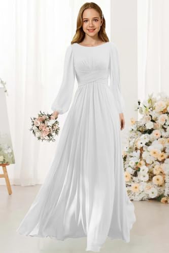 Long Sleeves Junior Bridesmaid Dress Scoop Neck Chiffon Flower Girl Dresses with Ruffles A Line Wedding Party Gown3