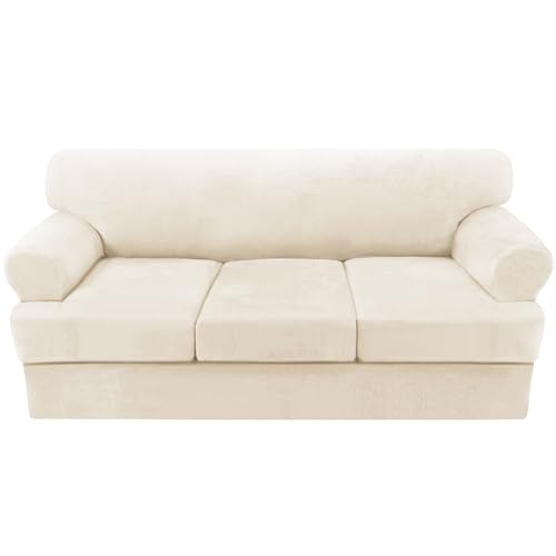 H.VERSAILTEX Sofa Cover 4 Piece T Cushion Sofa Slipcovers Thick Velvet Couch Cover Stretch T Cushion Sofa Covers for 3 Cushion Couch with 3 Individual T Cushion Covers, Cream