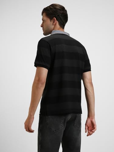 Image of Dennis Lingo Men's Cotton Grey Stripes Regular Fit Button-Down Half Sleeve Polo Tshirt