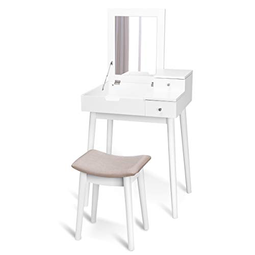Vanity Dressing Table Set, Flip Mirror Writing Desk, Home Room Furniture Makeup Vanity Set, Stool Included, by Waterjoy