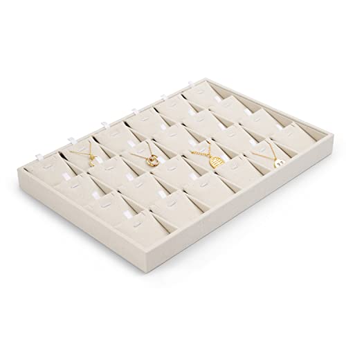 24 Grids Linen Necklace Tray Jewelry Display Tray Necklace Holder Organizer for Drawers With Removable Jewelery Cards Pendant Bracelet Storage (Beige)
