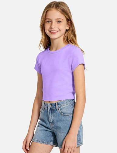 Image of Auranso Girls Crop Tops Kids Short Sleeve T-Shirts Basic Summer Tee Top