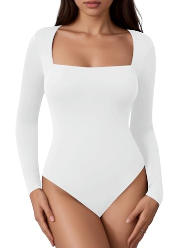 Laughido Womens Square Neck Long Sleeve Fitted Bodysuit Double Lined Fall Basic Trendy Tee Shirt Tops (White Medium)