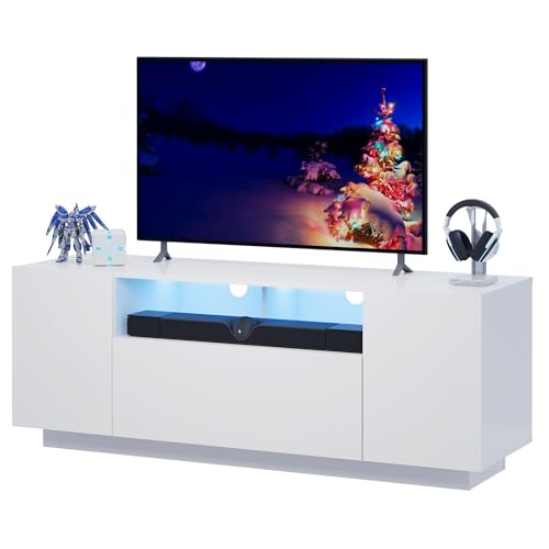 WLIVE TV Stand with LED Lights & Large Storage Cabinet, Modern Entertainment Center for 32/43/50/55 Inch TVs, Sturdy Media Console for Living Room, Bedroom, Gaming, White