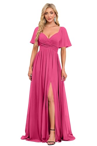 Image of Women's Flutter Sleeves Chiffon Bridesmaid Dresses with Slit Long A Line V-Neck Formal Party Dress with Pockets